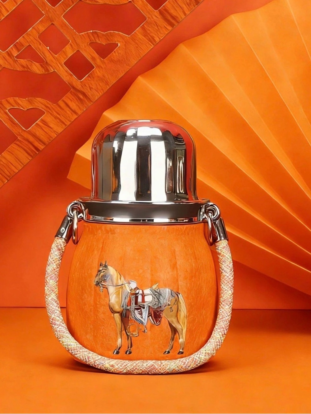 Hermes Orange Horse-Print Decorative flask with Metallic Lid